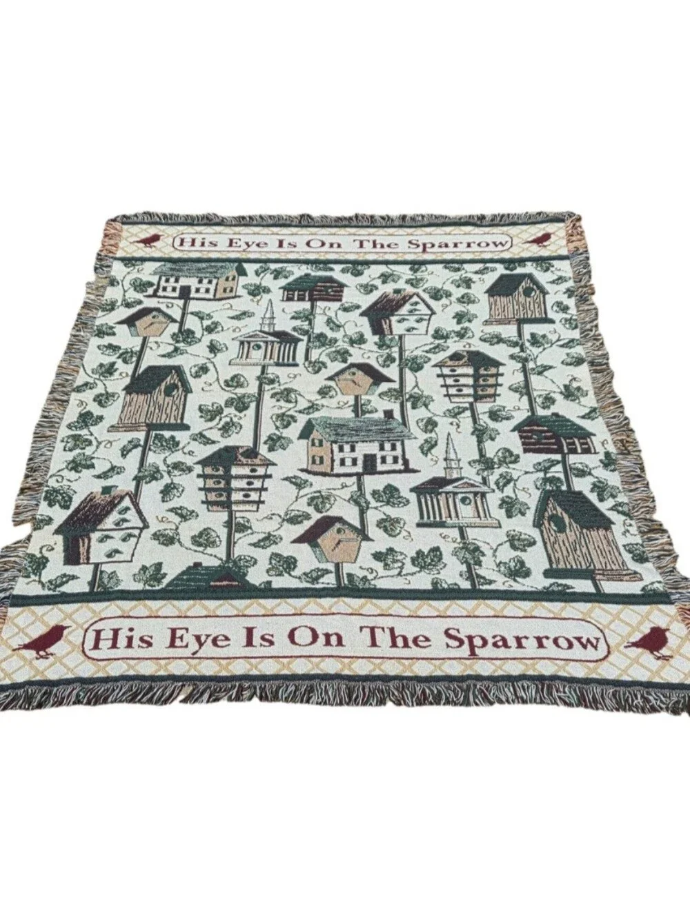 Vintage Christian Throw Blanket His Eye Is On The Sparrow Birdhouse Tapestry 90s